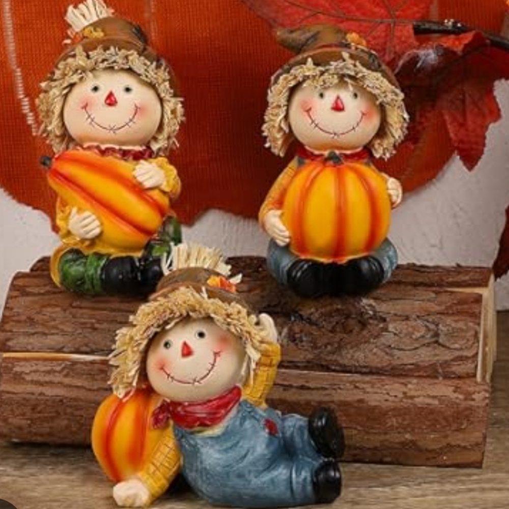 Set of Three Scarecrow Figurines with Pumpkins
